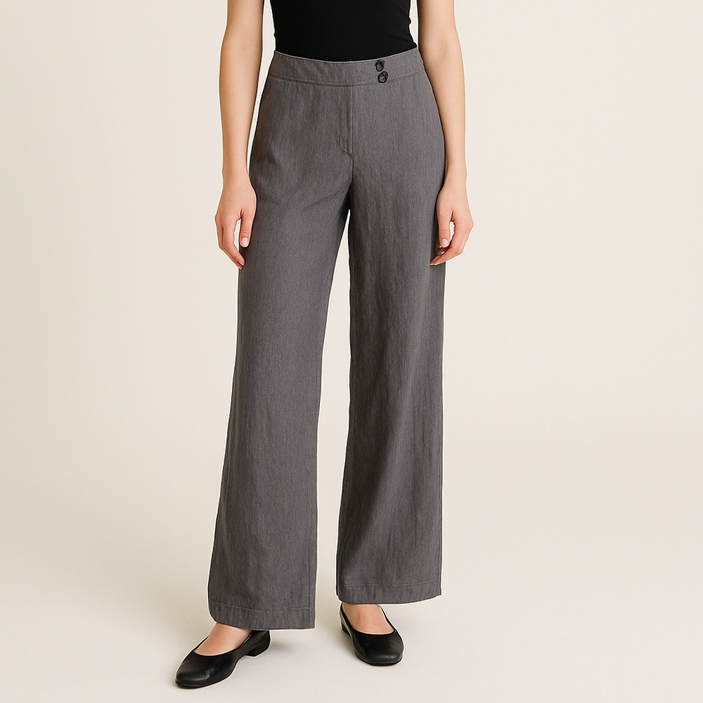 120% Lino Solid Grey Linen Wide Leg Loose Fit Full Length Pants